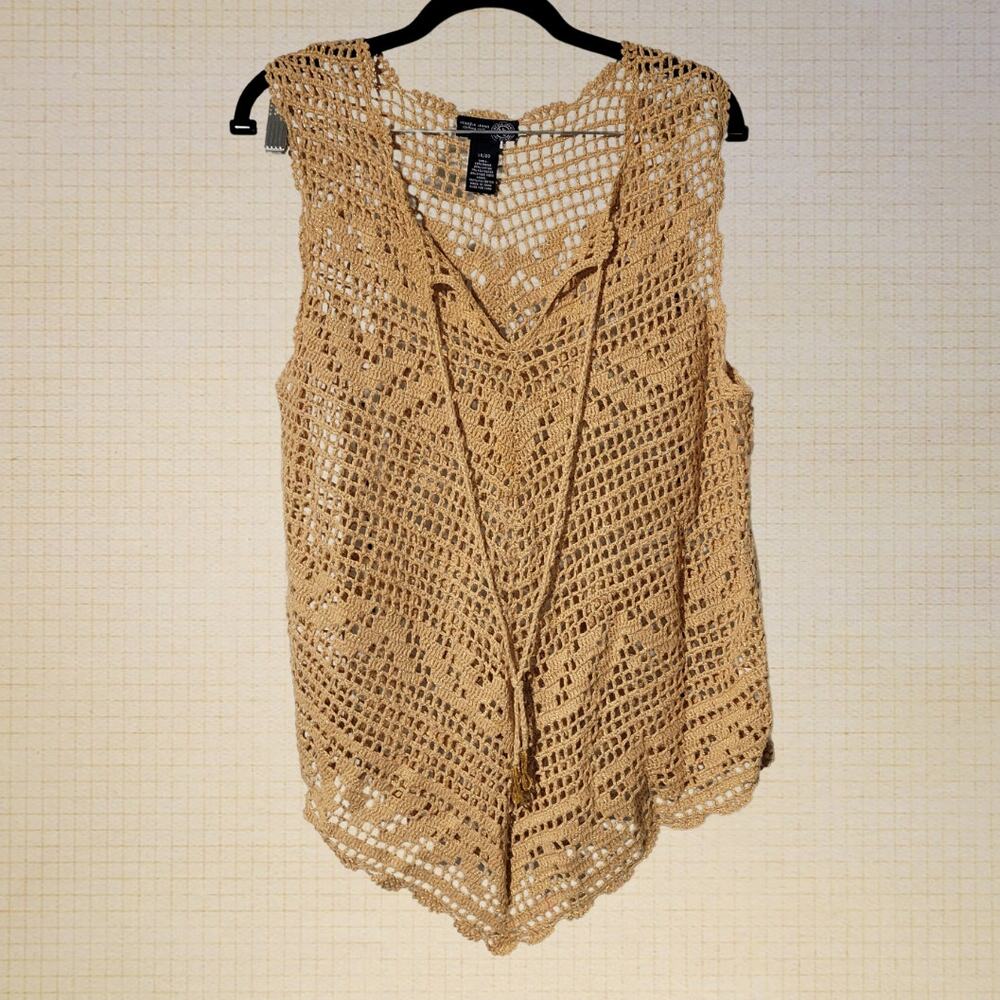 Boho 2000s Venezia Jeans Crochet Sleeveless Blouse Beige Gold Tinsel 18-20W Size